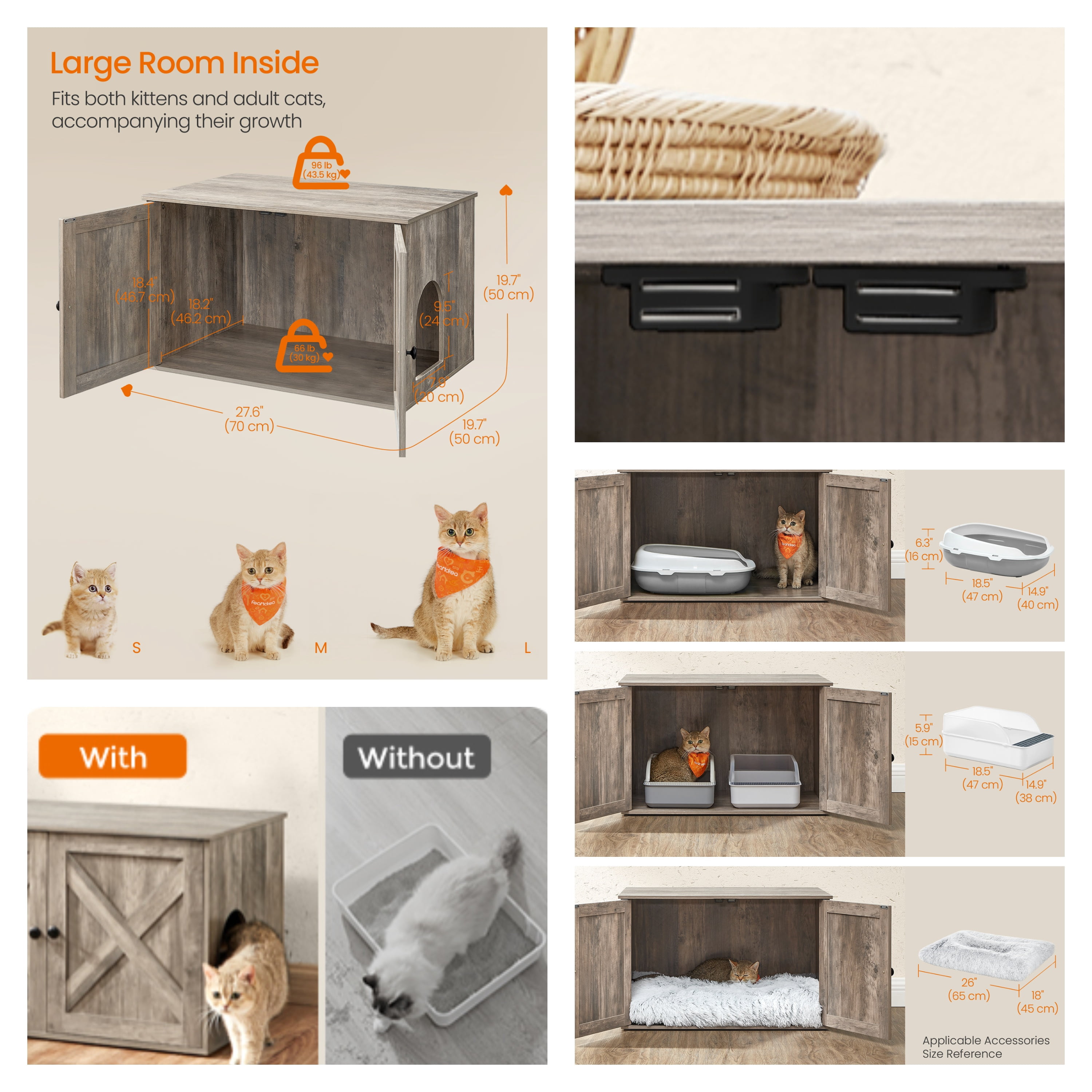 LEDREM Cat Litter Box Furniture Enclosure,Multi-Functional Hidden Washroom with Removable Divider for Indoor,M, Heather Greige