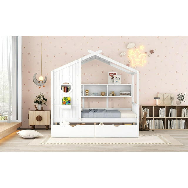 Lit Cabane Pleine Grandeur en Bois avec 2 Tiroirs, Lit pour Enfants avec Tablette de Rangement, Blanc