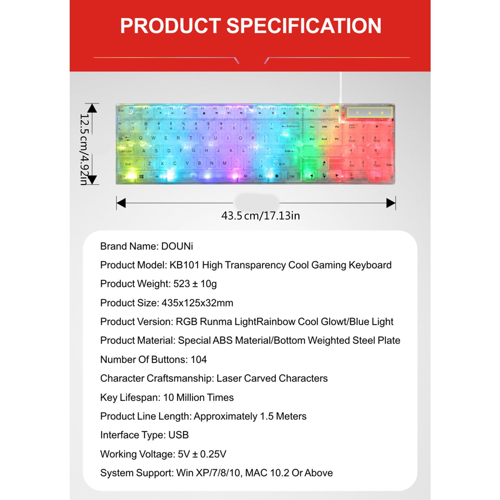 104Key RGBs Gaming Keyboards with Adjustable Backlight USB Cord Floating Keycaps Waterproof Dustproof for and