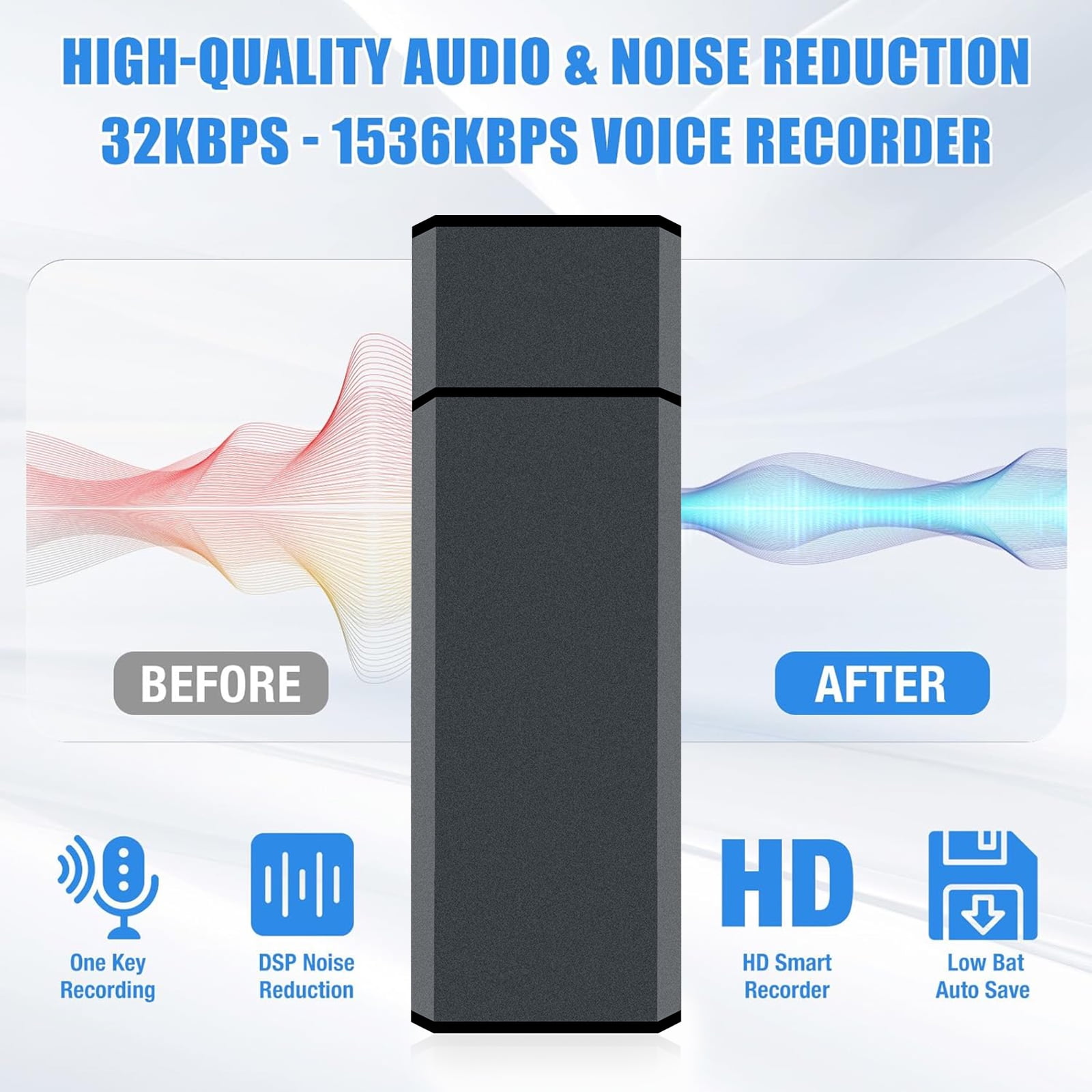 RONY 32GB Digital Voice Recorder - One Click Mini Recording Device with Noise Reduction -  Portable USB Dictaphone for Lectures Meetings Interviews