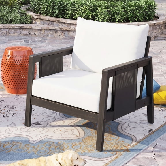 Club Chair, Outdoor Acacia Wood Frame Chair with Black Textilene Accents Water-Repellent White Cushions, Dark Grey