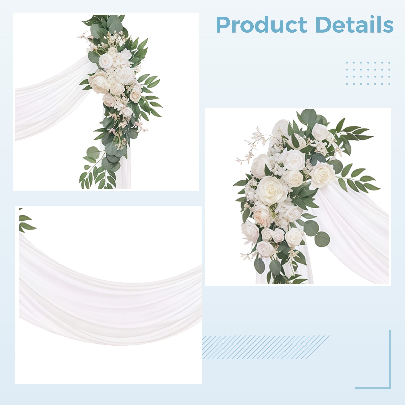 Artificial Flowers for Wedding Arch Kit, 3 Pcs Ivory Green Floral Corner, Sheer Drape, Chiffon Gauze, Wedding Arbor, Ceremony and Reception Backdrop Decor
