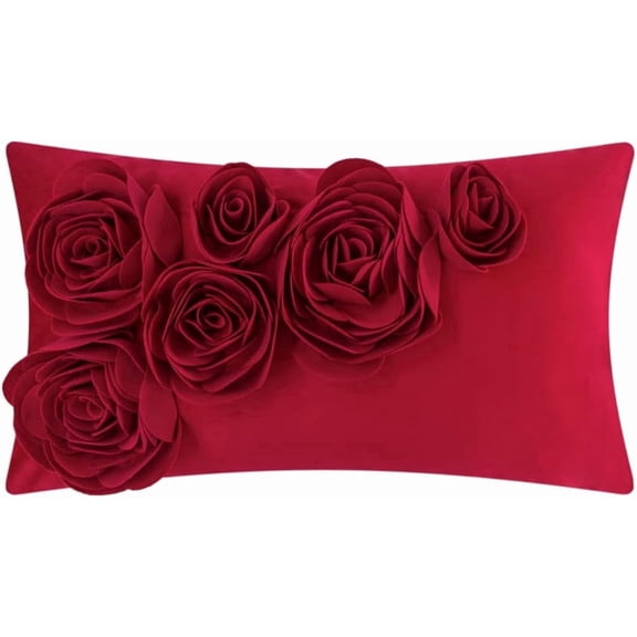 JWH 3D Red Velvet Rose Flower Throw Pillow Covers for Modern Home Living Room and Gift Room Decor Gift 12x20inch Red