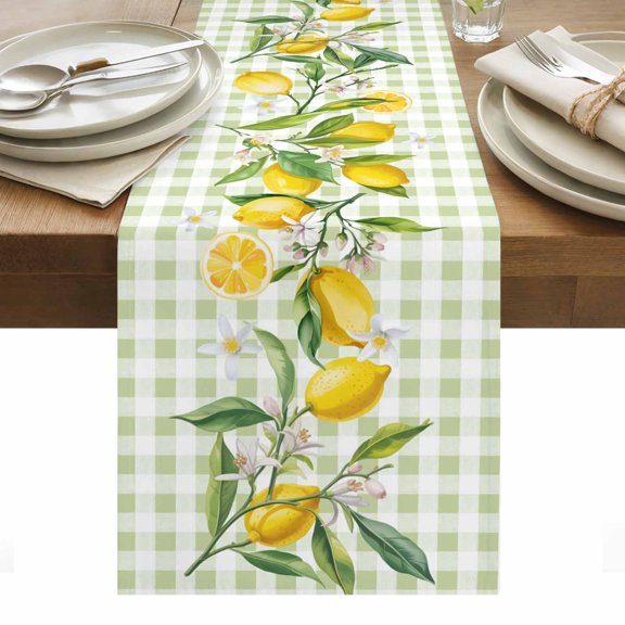 Summer Lemon Table Runner - 90 Inch Long, Kitchen Dining Table Runner Dresser Scarves, Country Botanical Fruit Green White Check Farmhouse Decor for Coffee Tables Wedding Party Banquet