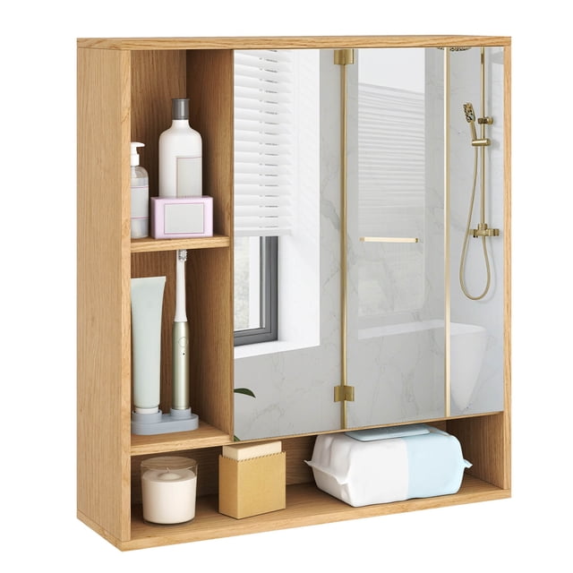 Costway Bathroom Wall Cabinet with Mirror, Single Door, 3 Open Shelves & Adjustable Shelf Natural