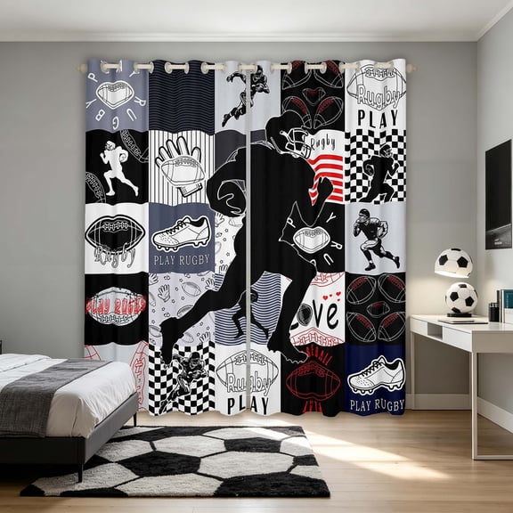 Manfei Boys Football Blackout Curtains, Sport Checkered Window Curtains Pack of 2 (38x45 Each), Black Gray