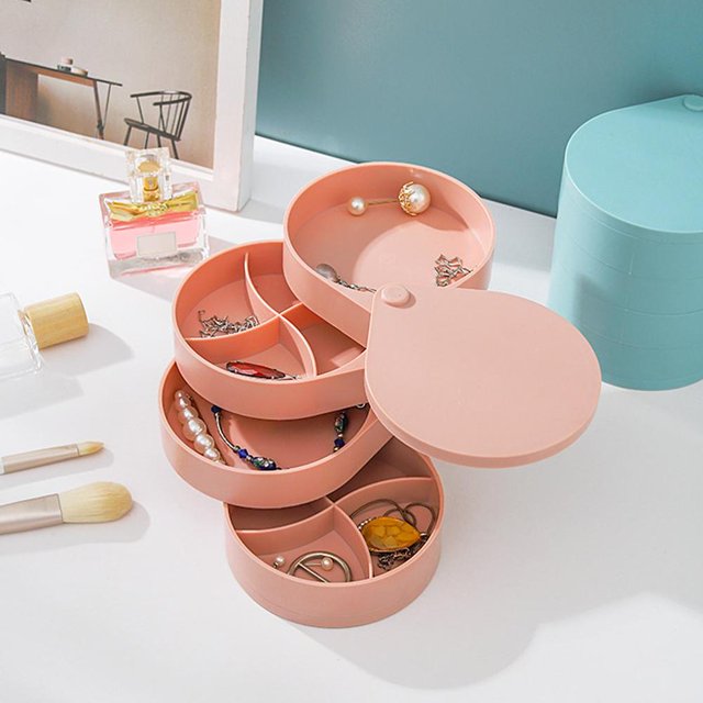 Jewelry Organizer Small Jewelry Storage Box Earring Holder for Women 4-Layer Rotating Travel Jewelry Tray Case with Lid for Bracelets Rings Bracelets