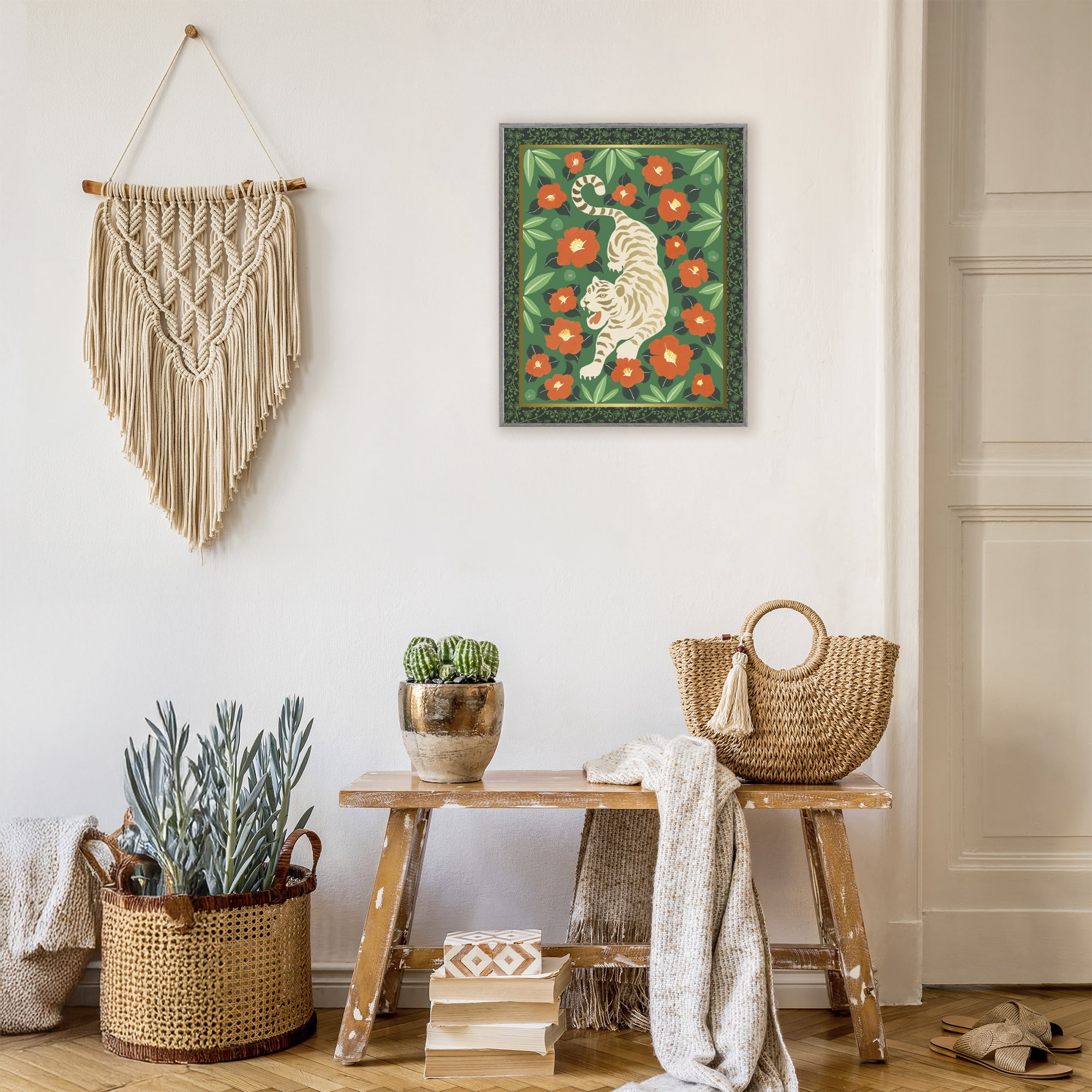 Stupell Industries Eclectic Tiger & Hibiscus Gray Framed Giclee Art, design by Karolina Sato