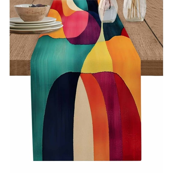 Colorful Geometric Burlap Cotton Table Runner 13x90 Inches Long, Modernism Abstract Aesthetics Farmhouse Table Runners, Outdoor Dining Tablecloths Decor for Baby Shower/Party/Wedding