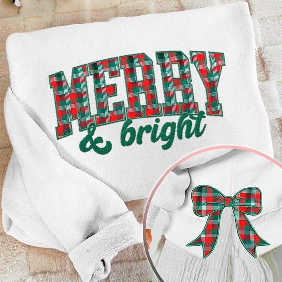 Merry & Bright Coquette Side Bow Sweatshirt, Retro Xmas Tree Lover Sweater, Bow Applique Pink Gifts