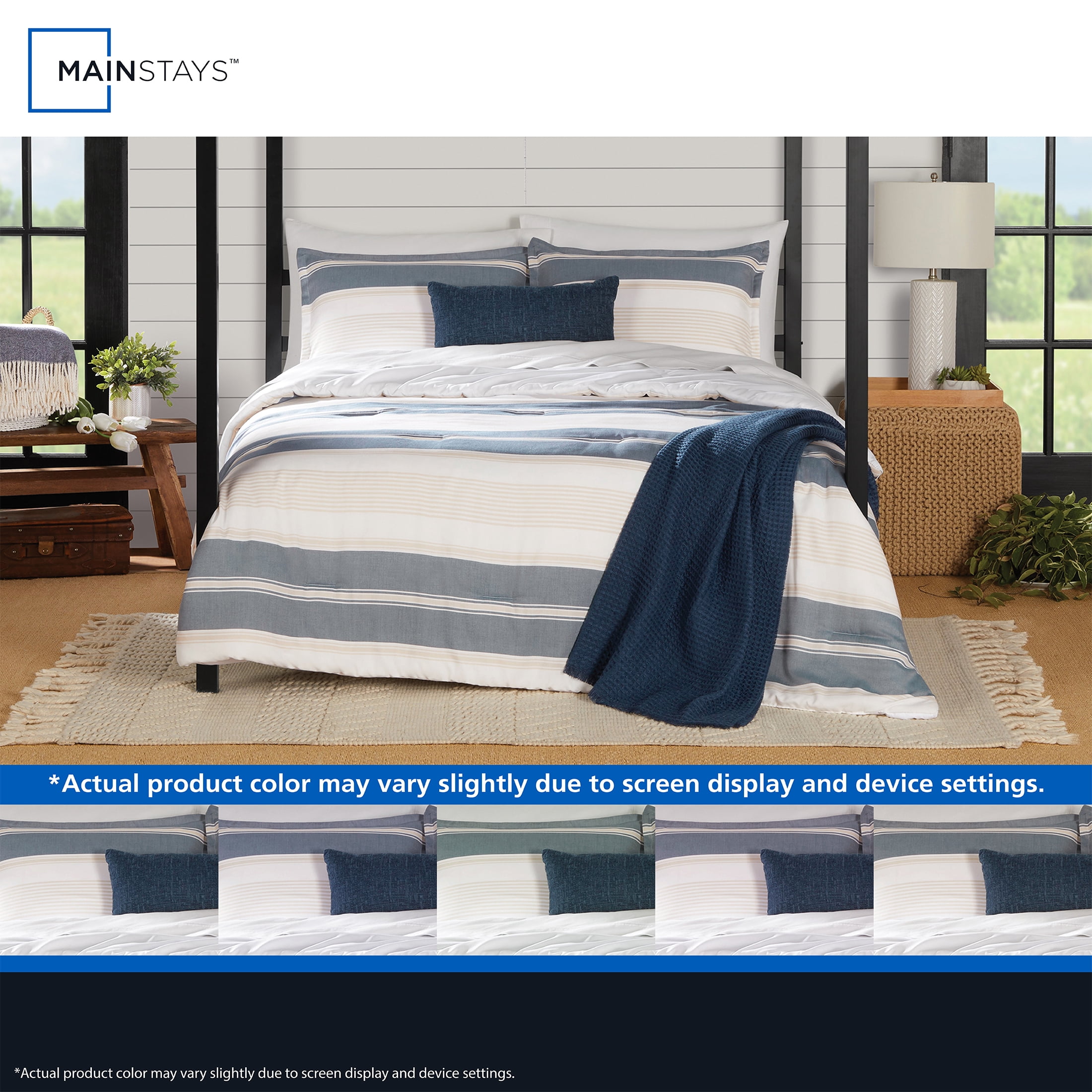 Mainstays King Comforter Set, All-Season, 5-Piece, Blue & Tan Woven Stripe