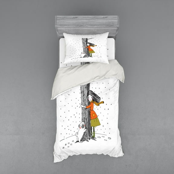 Tree Duvet Cover Set, Young Girl and a Little Pug Hugging a Tree Under Snowfall Winter Season, Bedding Set with Shams and Fitted Sheet, 3 Sizes, by Ambesonne