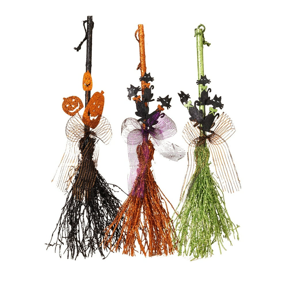 Halloween 3pc Witch 36" Tall Broom Set Holiday Glitter Decor Real Wood