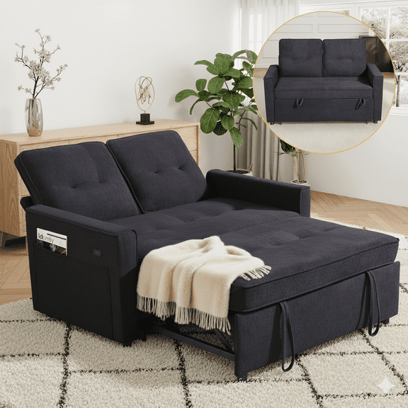 TiramisuBest 3 in 1 Sleeper Sofa Bed, 55'' Convertible Pull Out Couch with Side Pockets, Loveseat Sleeper Sofa with Adjustable Backrest for Living Room Bedroom Apartment (Black)