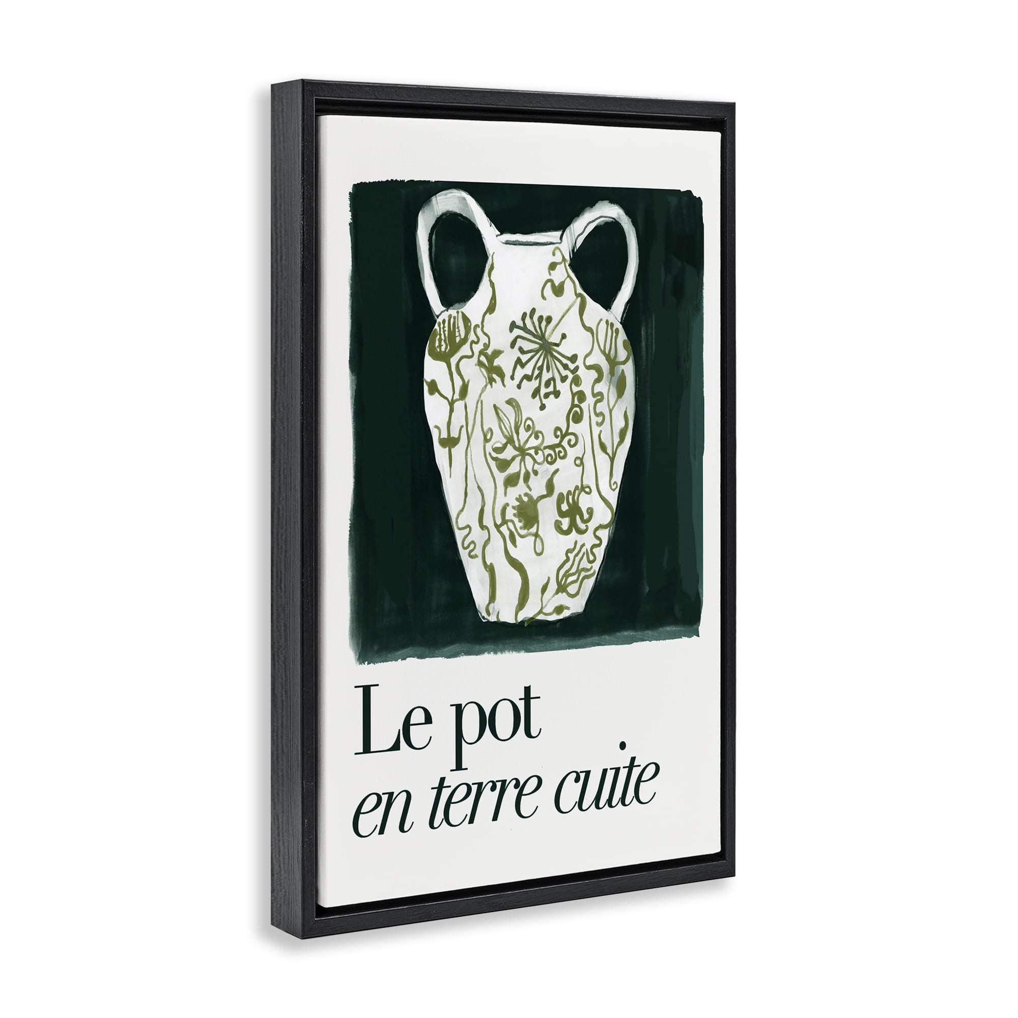Stupell Industries Floral Pot Vase History & Language Painting Black Floater Framed Canvas Art Print Wall Art, 21 x 31