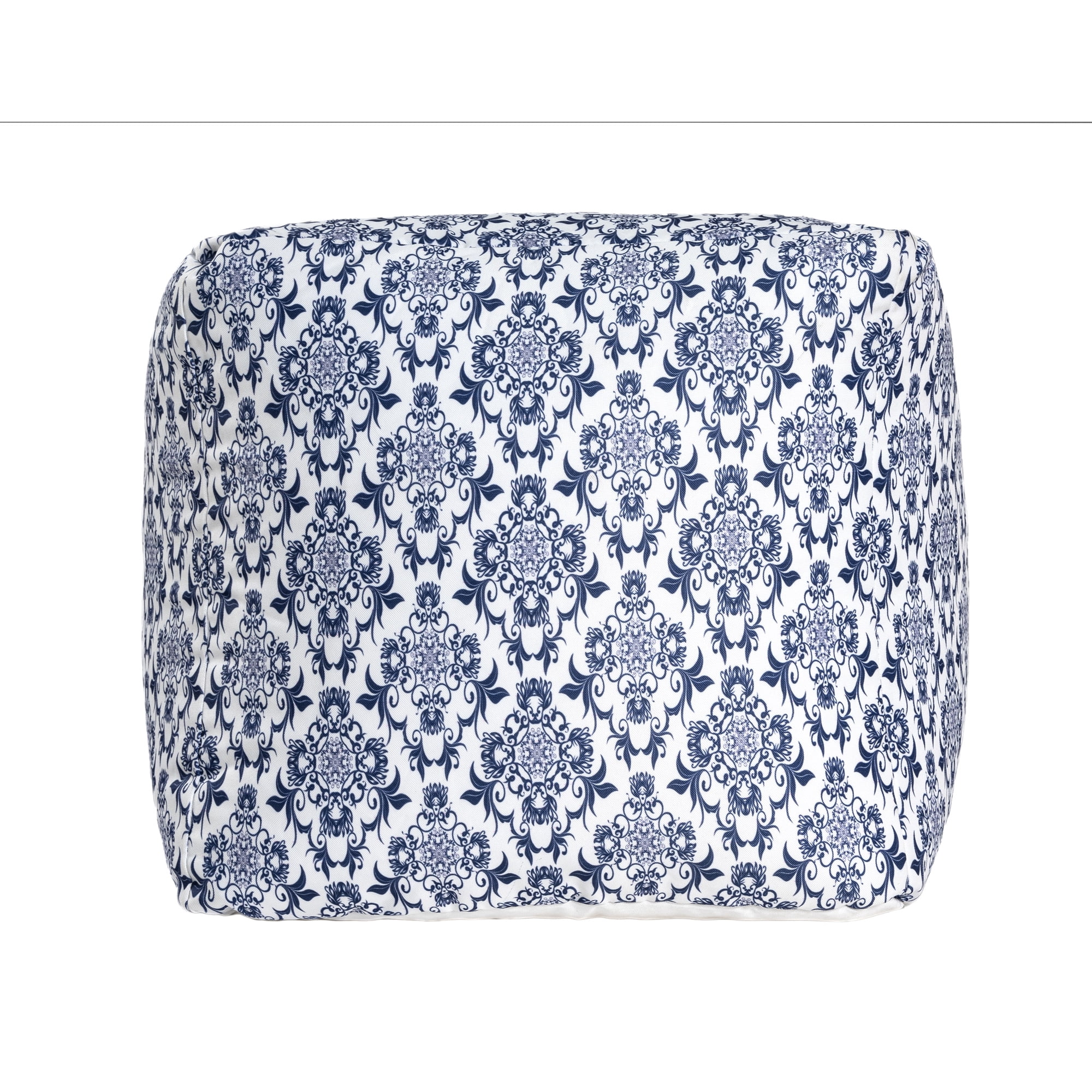 Ox Bay Orlando Blue/White Damask Medium Square Indoor Pouf Ottoman, 18" H x 18" W