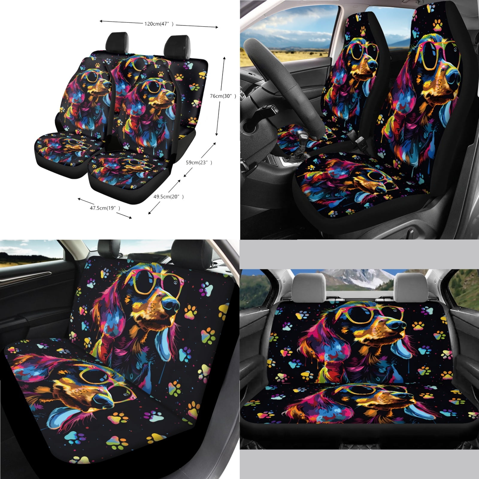 Jeiento Dachshund Car Seat Covers Front Rear Full Set Steering Wheel Cover Seat Belt Pads Coasters Waste Bin Armrest Cover Cup Holders Rearview Mirror Cover Handbrake Cover Set 14 Pack
