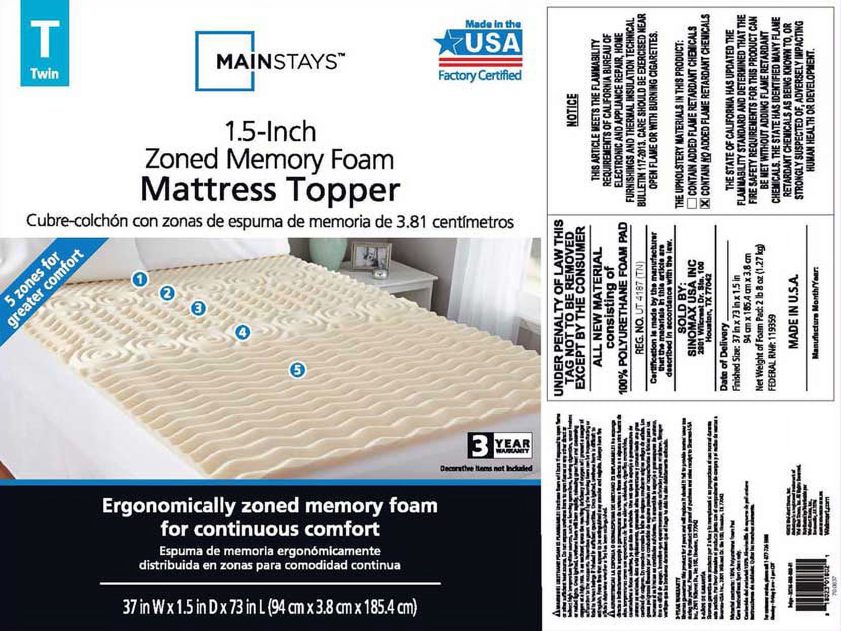 mainstays 1.5in zoned memory foam mattress topper