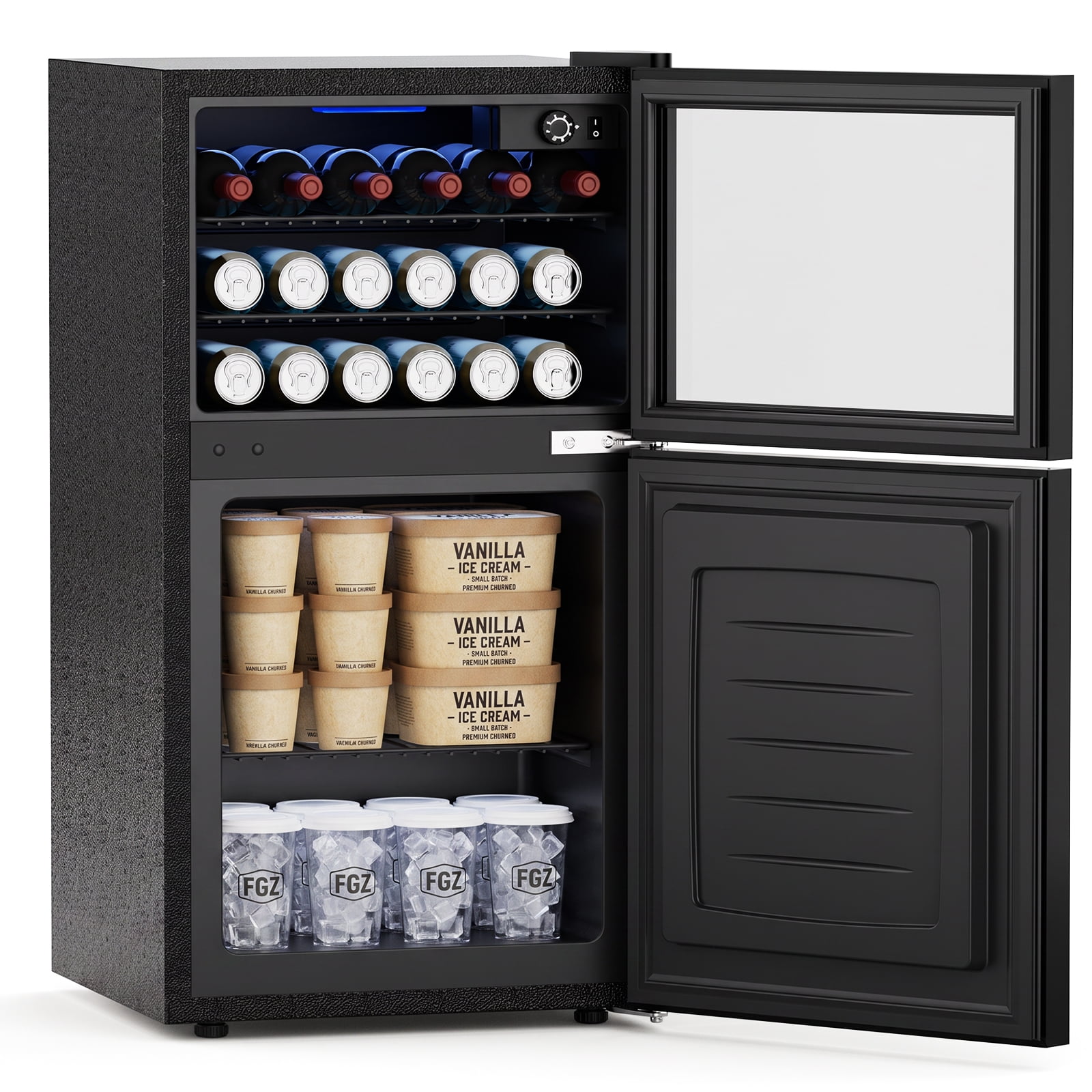Snowyermine 2.6 Cu.Ft Beverage Refrigerator with Bottom Freezer, Dual-Zone Mini Fridge with Glass Door & LED Light, Freestanding for Home, Office, Dorm