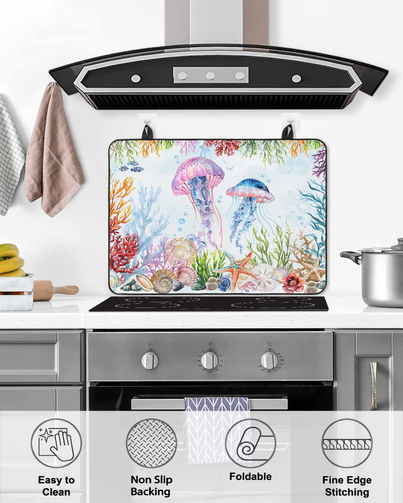 nqOlkjepod Large Induction Cooktop Protector Mat 24"x21", Jellyfish Coastal Stove Top Covers for Electric Stove, Blue Nautical Summer Beach Ocean Stove Burner Cover Mats, Glass Top Stove Cover