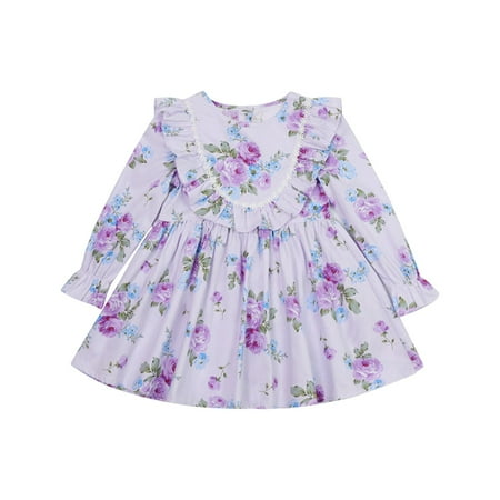 

XIEULQP Summer Dress Spring Kids Dress Long Sleeve Cotton Blend Floral Ruffle In Summer Cute Kids Clothes Children Beautiful Dresses Flower Girl Dress Purple