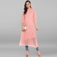 thumbnail image 3 of Janasya Indian Round Neck 3/4 Sleeve Floral Print Pink Poly Crepe Layered Kurta For Women, 3 of 8