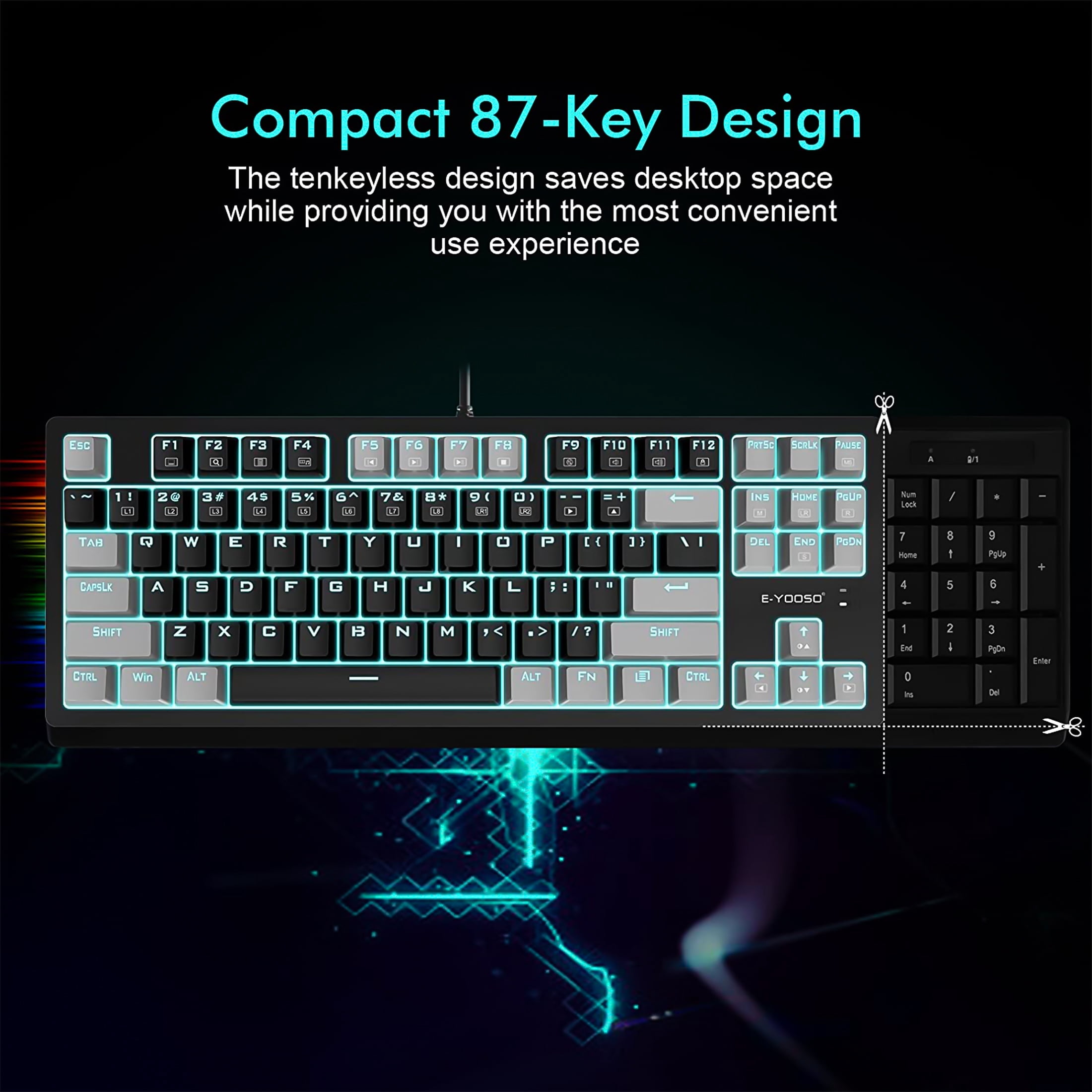 Mechanical Gaming Keyboard, E-YOOSO Wired 75% Mechanical Keyboard with Blue Switches, 87 Keys Gaming Keyboard with Solid Color Backlit & RGB LED Sidelight for Windows Mac PC Gaming