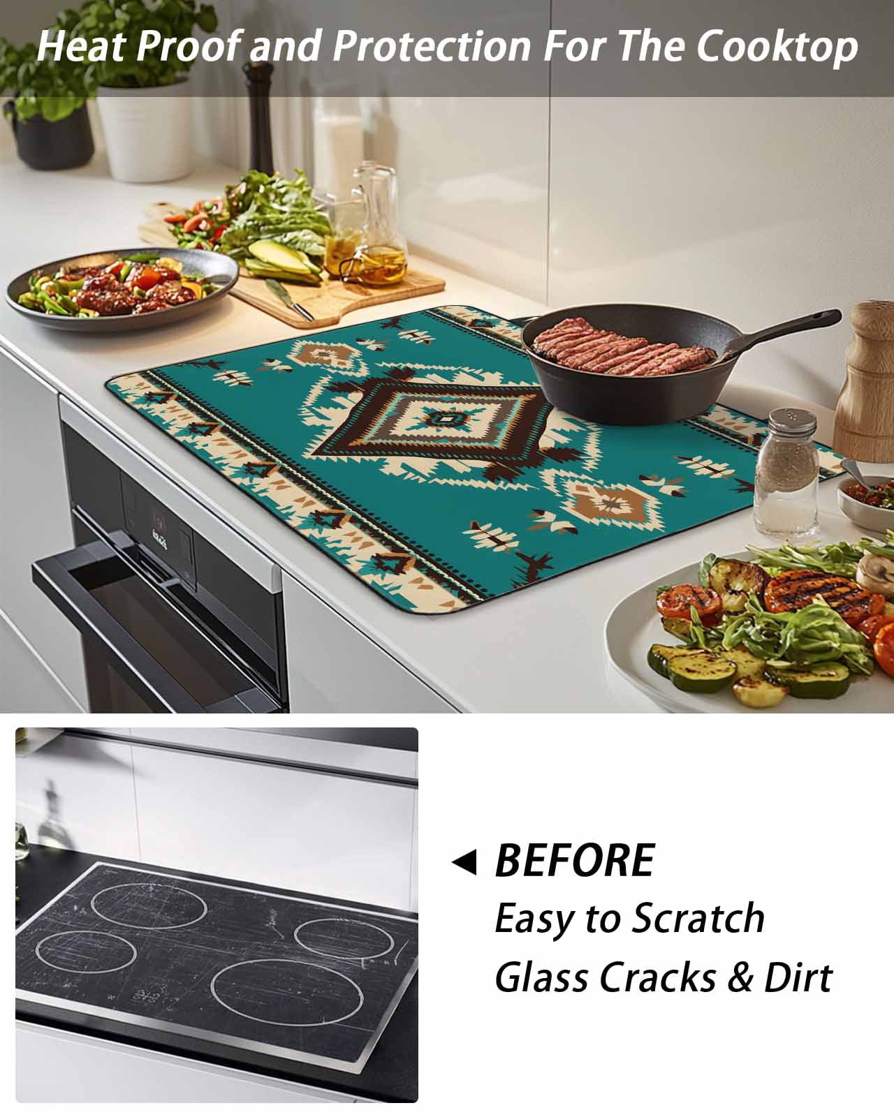 Stove Top Covers for Electric Stove, Green Southwestern Glass Stovetop Cover Protector, Vintage Boho Ethnic Geometric Induction Cooktop Protector Oven Mat for Kitchen Countertop 24"x21"