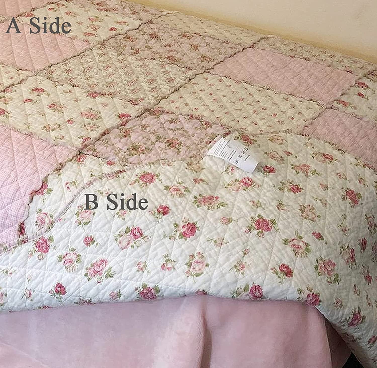 Original 100% Cotton Patchwork Quilt Twin Size Pink Floral Bedspread Coverlet Reversible Vintage Shabby Chic Quilted Throw Blanket Bed Quilt Cover for Couch Sofa