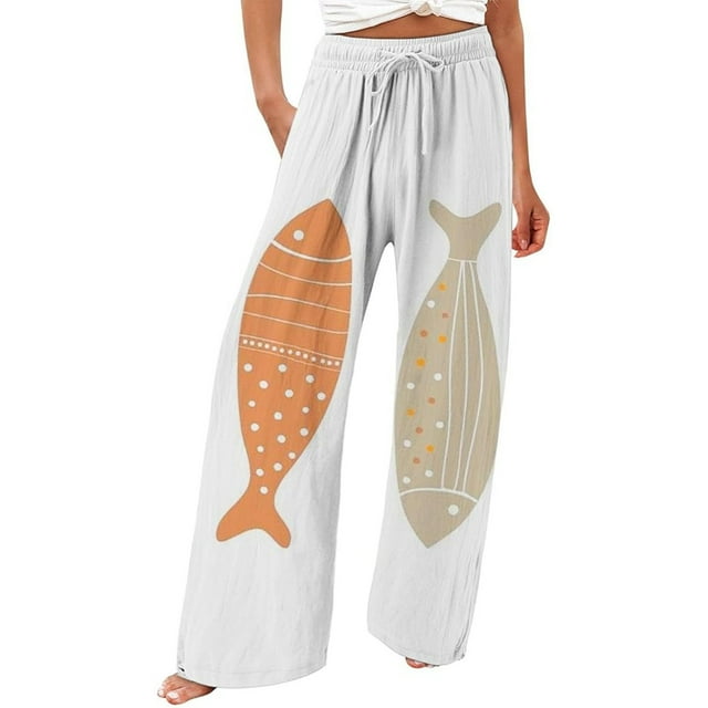 Japanese Style Women High Waisted Linen Palazzo Trousers Featuring Dog Fish Graphic Print Wide Leg Design with Functional Pockets