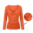 thumbnail image 4 of Qgtaibl Women's Solid Color Long Sleeve Shirts Elegant Cowl Neck Waist Ruched Blouse Fall Stretchy Slim Fit Dressy Tops Orange S, 4 of 7