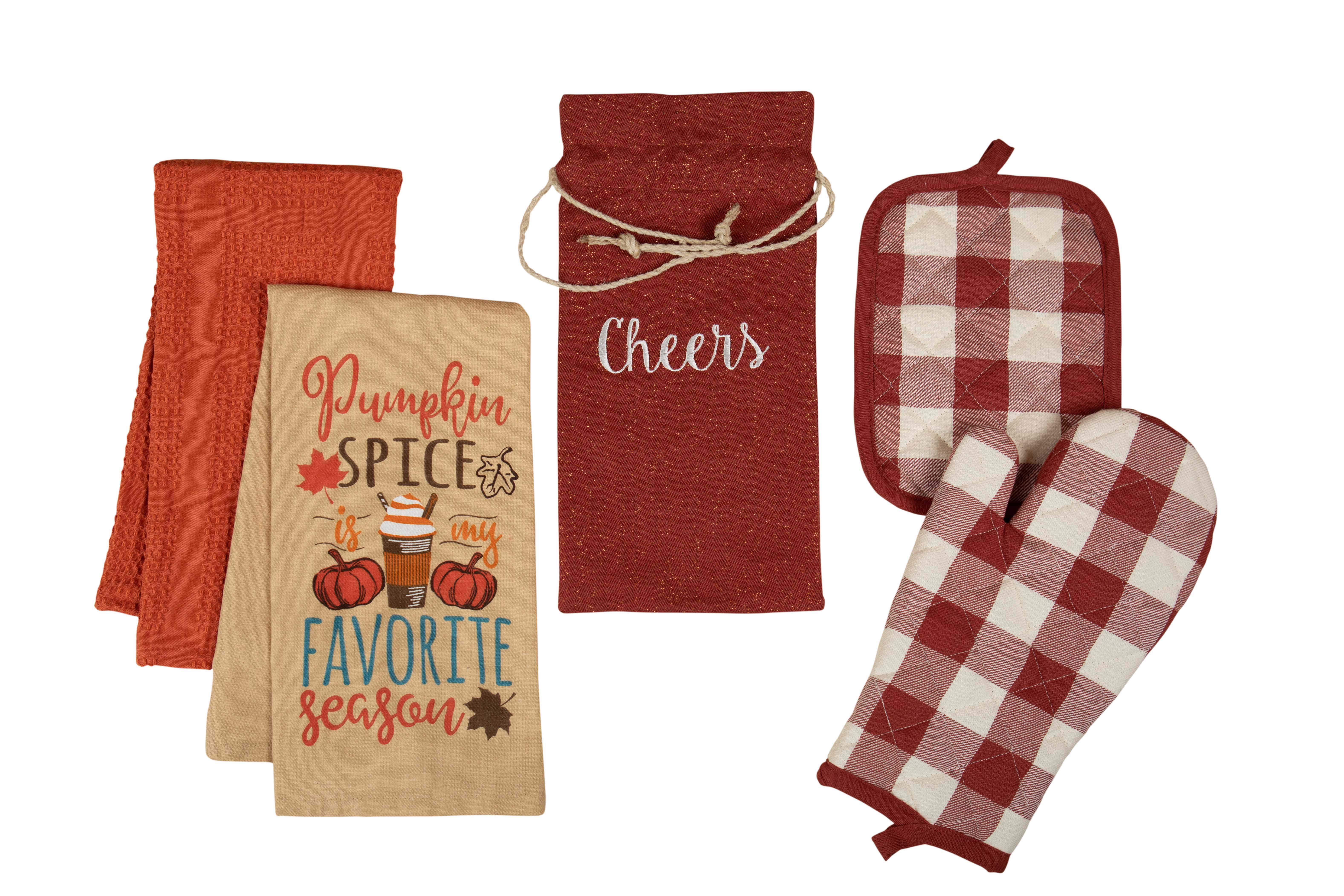 5pc Kitchen Set Happiness is Homemade Red Grey Pot Holders Towels Oven Mitt