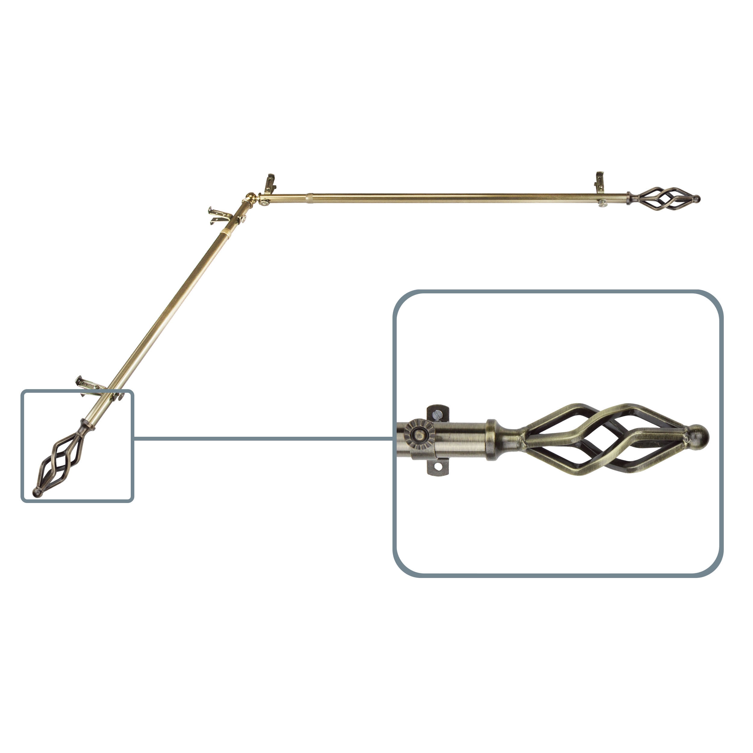 Vinci 13/16 inch Corner Window Curtain Rod 48-84" - Antique Brass