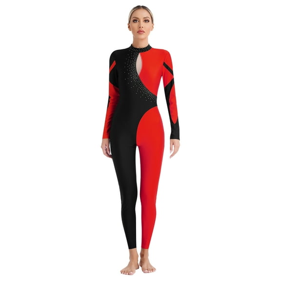 Xnihocha Women Gymnastics Leotard Long Sleeve Full Length Unitard Figure Skating Dance Jumpsuit Red M