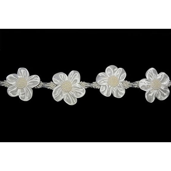 Altotux 2" Ivory Cuttable Satin Pearl Beaded Flower Trim Sheer Organza Ribbon