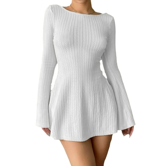 Fall Winter Women's Sweater Dress Sexy Backless U Line Slim Knit Long Sleeve Bootcut Solid Color Elegant Casual Party Wear