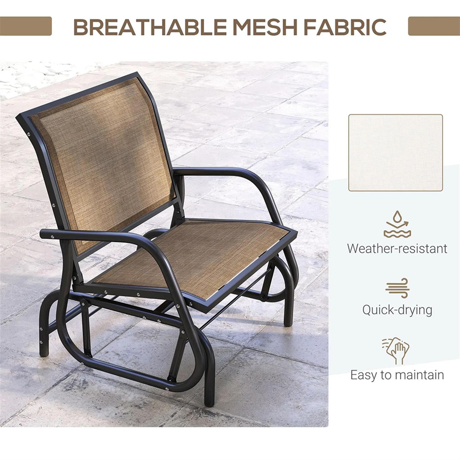 Demi Bonn Outdoor Glider Chairs, Metal Frame Swing Glider Chair with Breathable Mesh Fabric, Curved Armrests and Steel Frame for Garden, Poolside, Backyard, Balcony, Light Brown