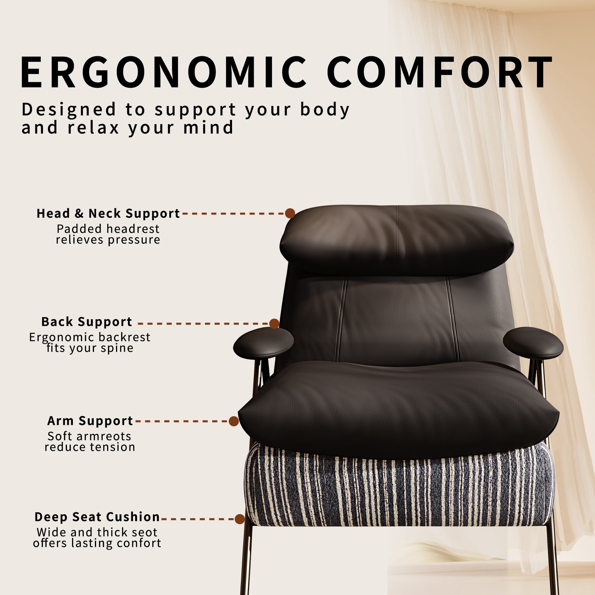Howcool Modern Upholstered Accent Chair,Armchair with Wide Cushioned Seat,Ergonomic Lounge Chair with Solid Wood Frame for Living Room,Bedroom,Black