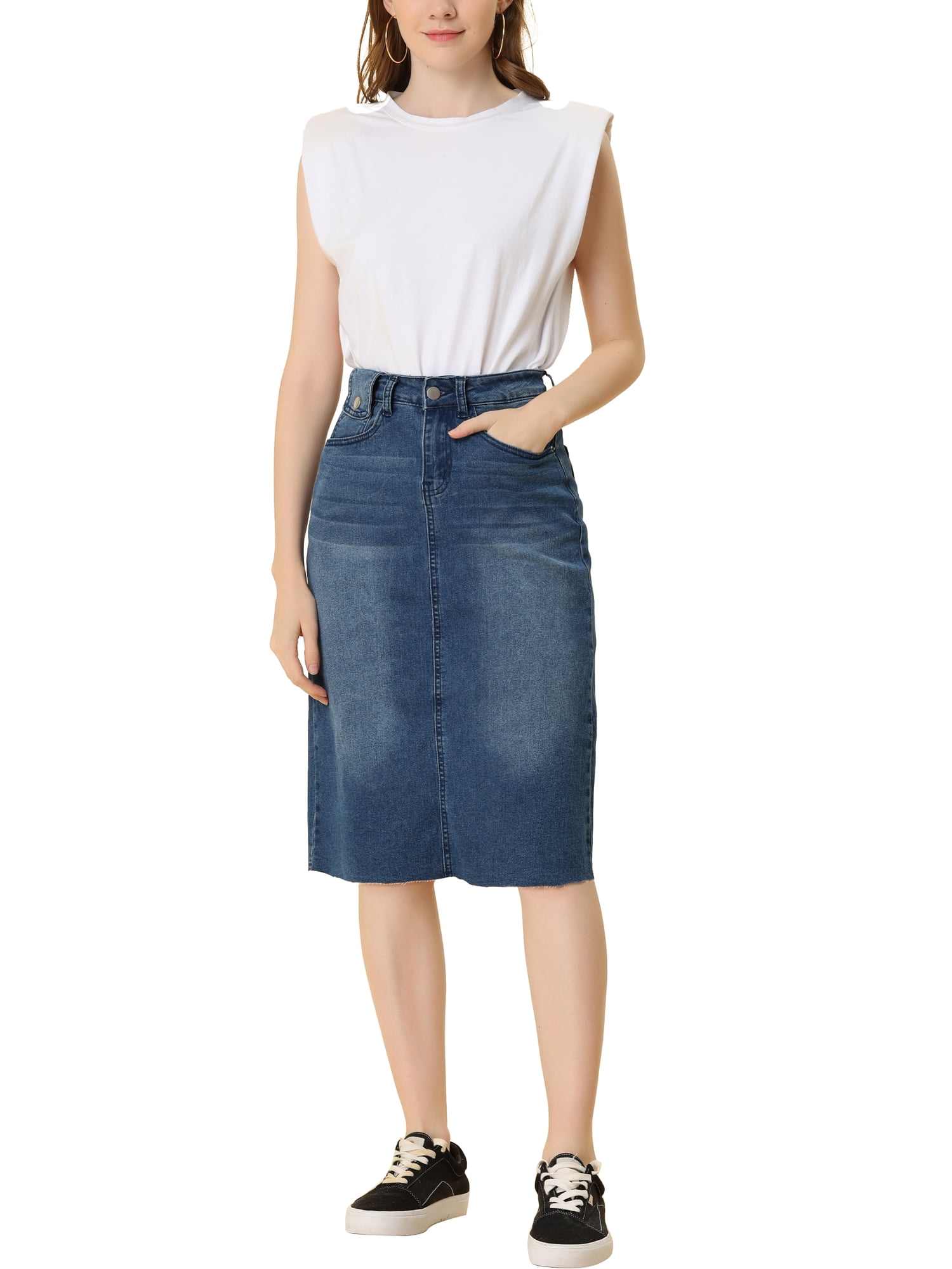 DARING DIVA Women's Jean Back Vent Midi Length Denim Skirts M M-Blue