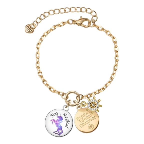 Delight Jewelry Silvertone Domed Stay Magical Unicorn Goldtone Discover Dream Explore Zoey Charm Bracelet, 6.5 2" Extender