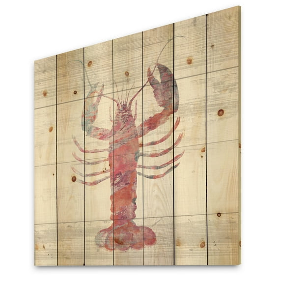 Designart 'Pink lobster Ocean Life' Nautical & Coastal Print on Natural Pine Wood