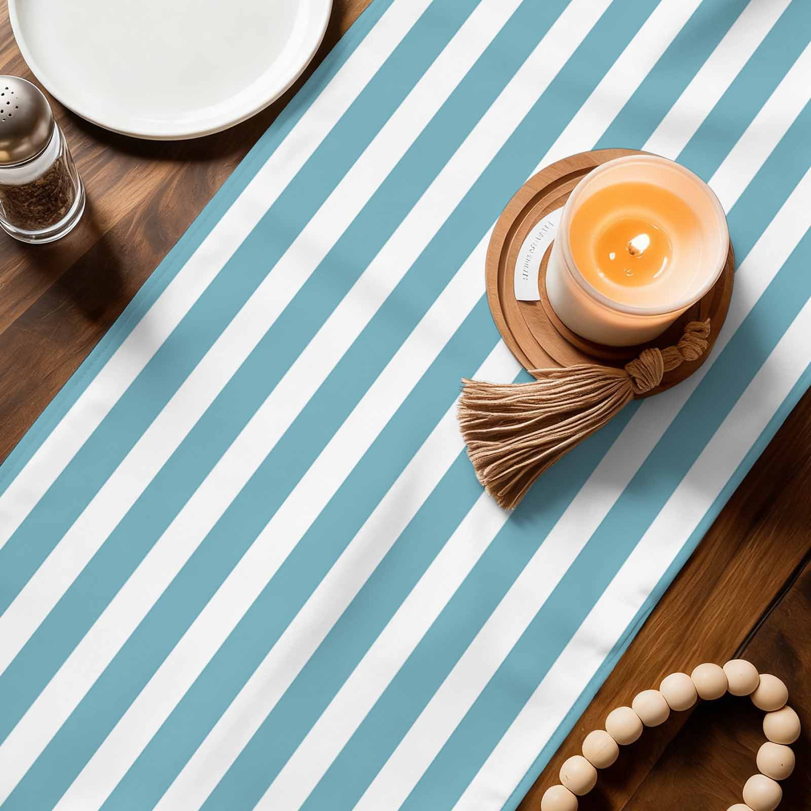 Aqua Striped Table Runner, Modern Farmhouse Blue White Stripes Washable Cotton Linen Table Runners 60 Inches Long, Dresser Scarf Runner for Coffee/TV Stands/Kitchen/Cabinets 13''x60''
