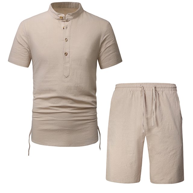 BADHUB Mens Thin Linen Set Summer Henley Shirt Loose Large Size Cotton Linen Two Piece Set Short Summer Beach Pants Solid Color Lightweight Sets