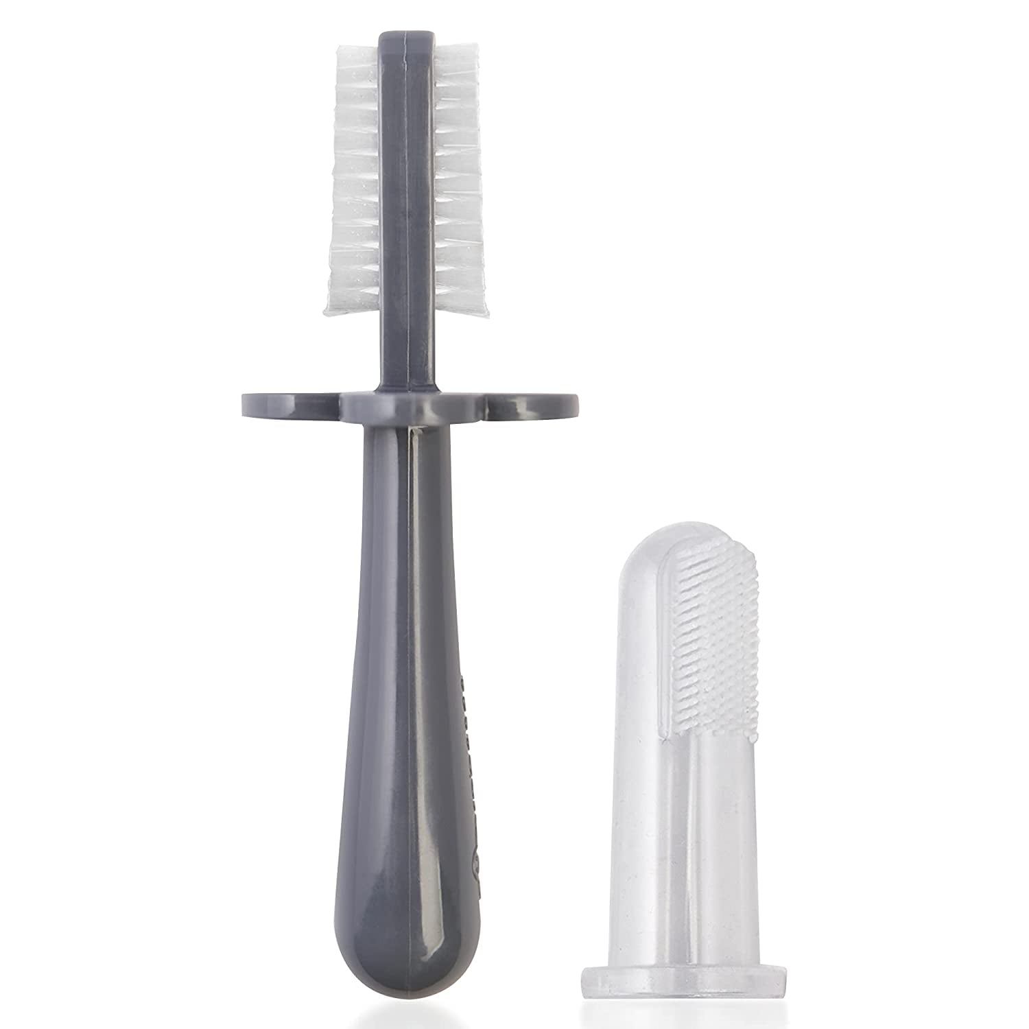 Grabease Double Sided Toothbrush – Baby Toothbrush for 6 Months to 4 Years Old with Soft Bristles – BPA-Free Toddler Toothbrush with Anti-Choke Guard – Includes Free Finger Brush, Grey
