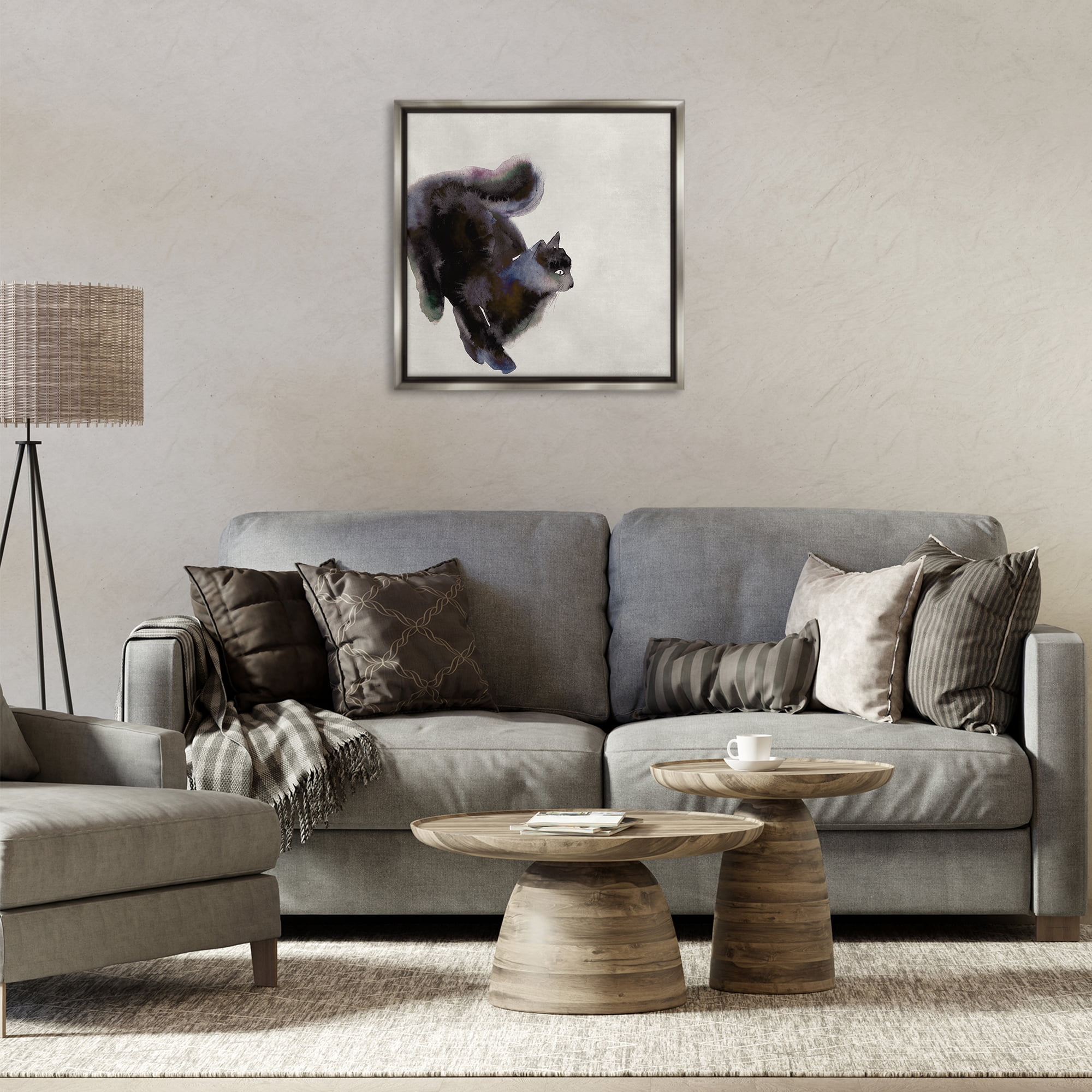 Stupell Industries Black Cat Watercolor Animals Painting Gray Floater Framed Canvas Art Print Wall Art, 25 x 25