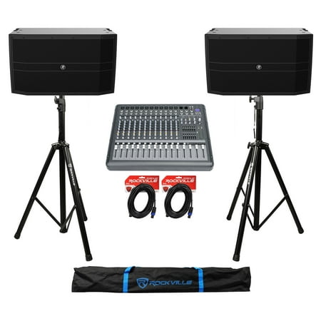 (2) Mackie DRM12A-P 12 2000w Arrayable DJ PA Loud Speakers+Powered Mixer+Stands