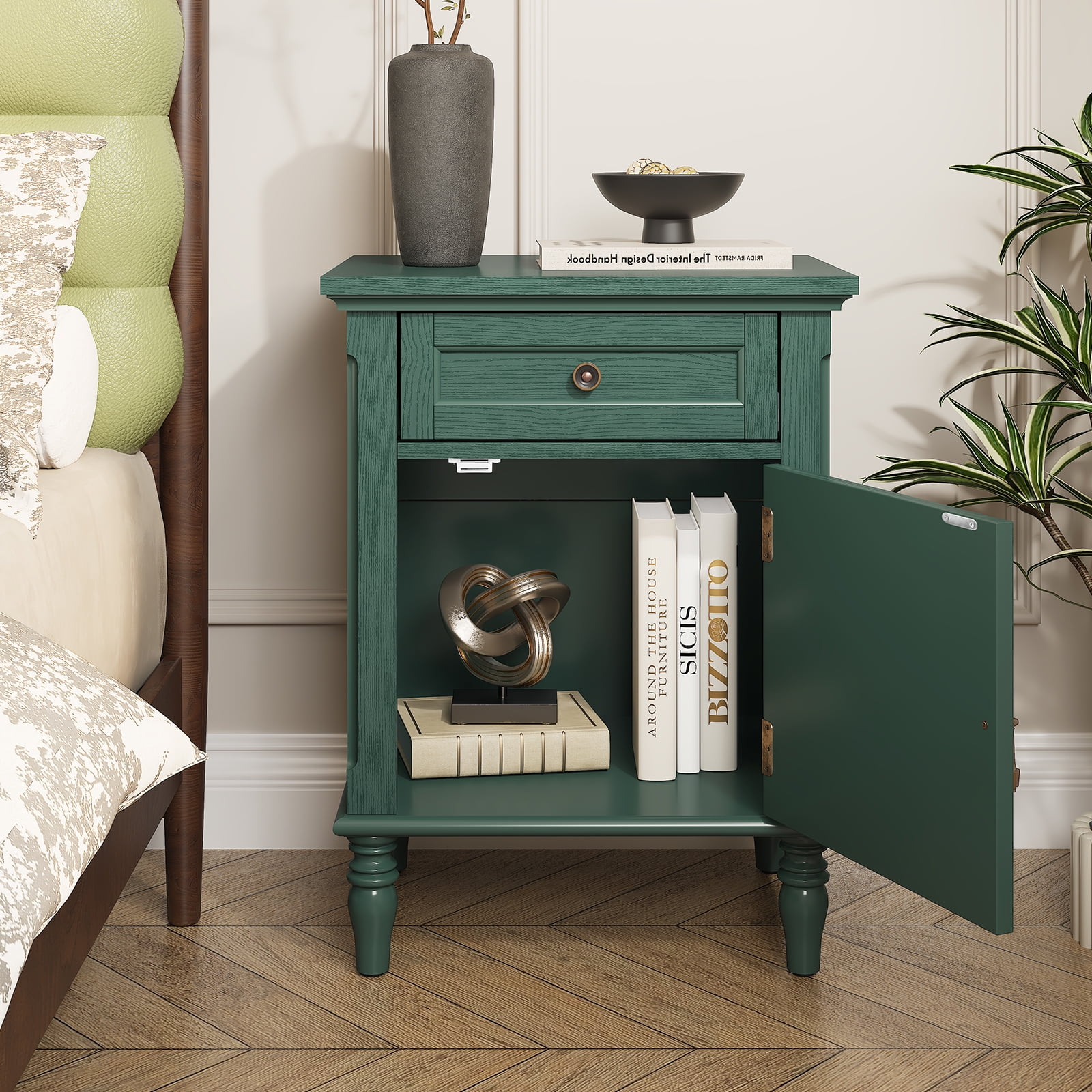 HLR 25"H Nightstands Set of 2, Modern Retro Bedside Table with Drawer, End Table for Bedroom, Green