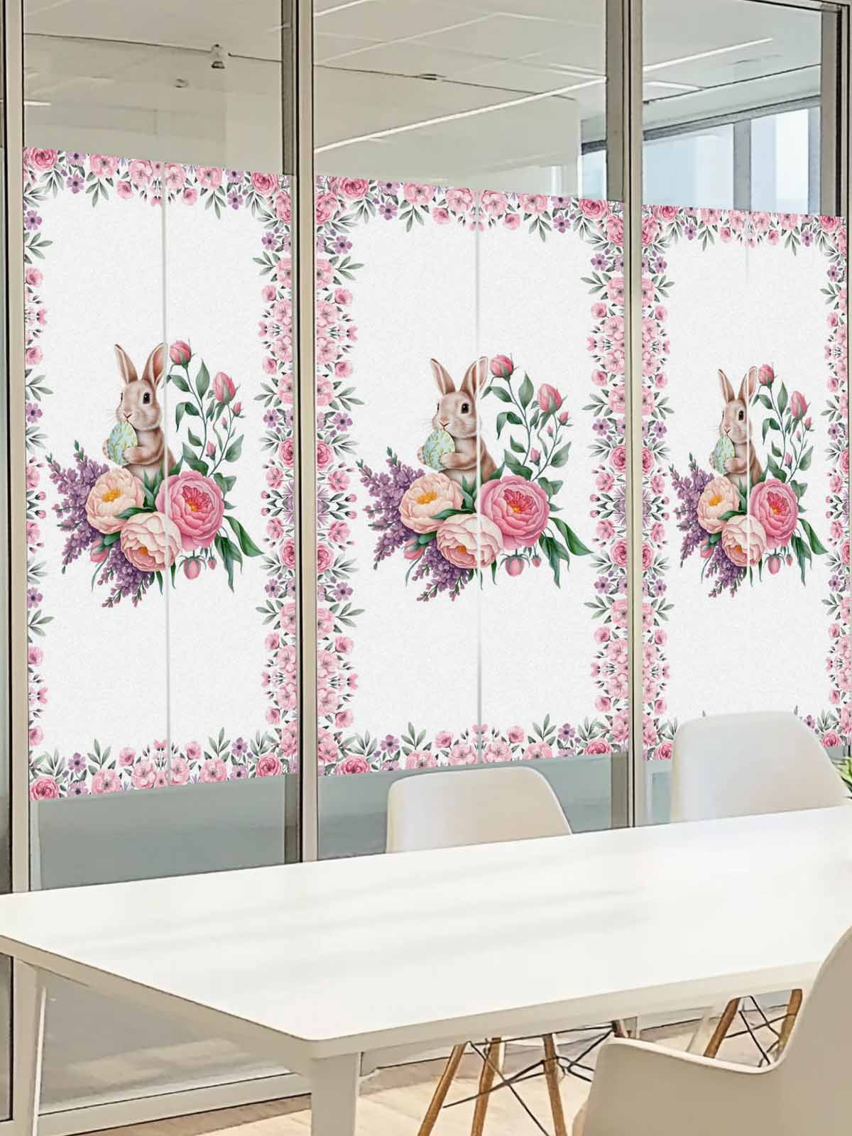 Easter Rabbit Window Privacy Film, Spring Pink Purple Floral Eggs Bunny Frosted Glass Window Clings Static Cling UV Heat Blocking Reusable Door Sticker for Bathroom 29.5 x 118 Inch