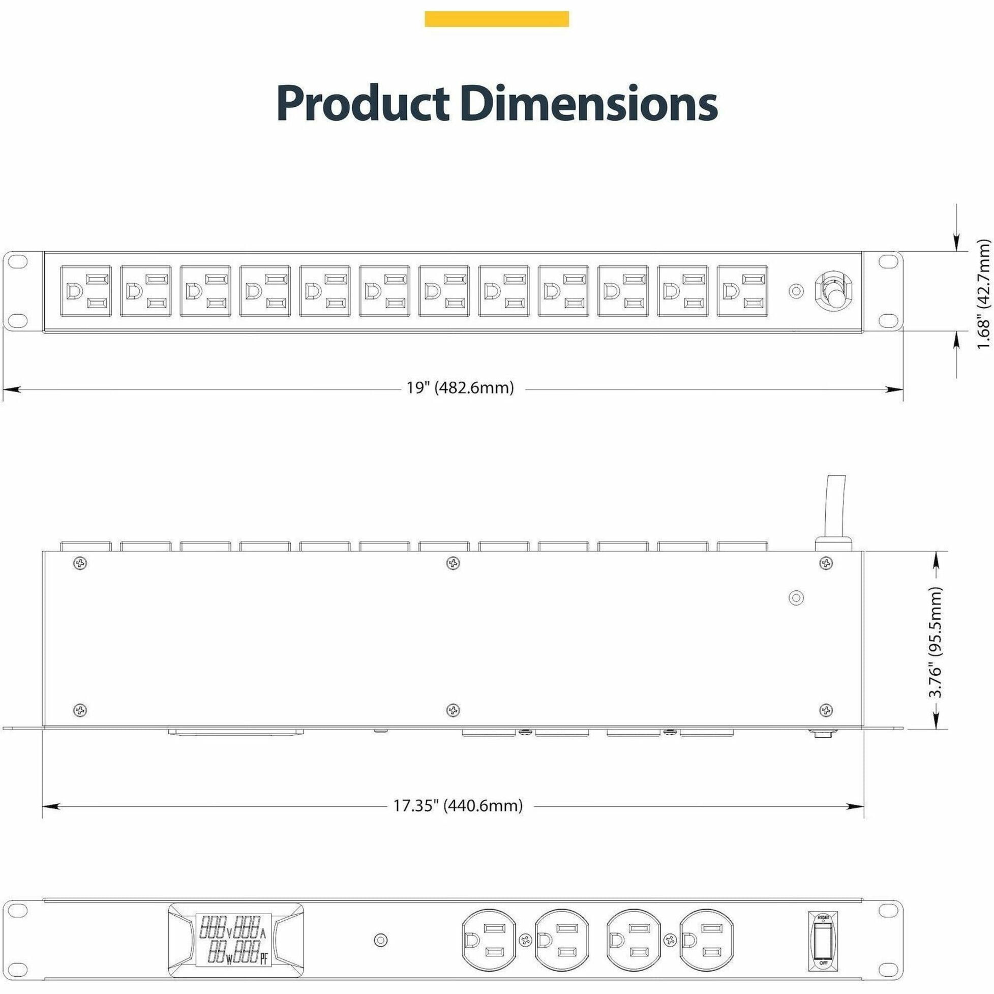 StarTech.com 16-Outlet Horizontal Rack Mount Metered PDU, 1U Server Power Strip w/Surge Protector, 125V/15A, 8ft (2.4m) Power Cord, TAA