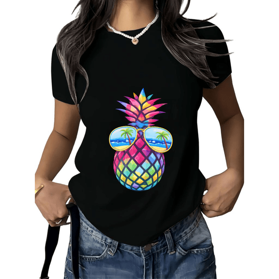 Cozymy Women's Tropical Beach Pineapple Vacation Graphic Short Sleeve Crewneck T-Shirt Casual Cotton Tee